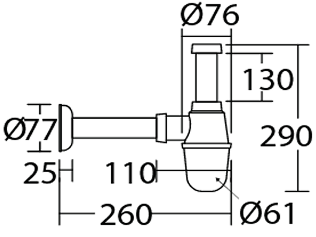 PBT43CH 32MM Bottle Trap C/W Waste, Plug And Chain Dimension