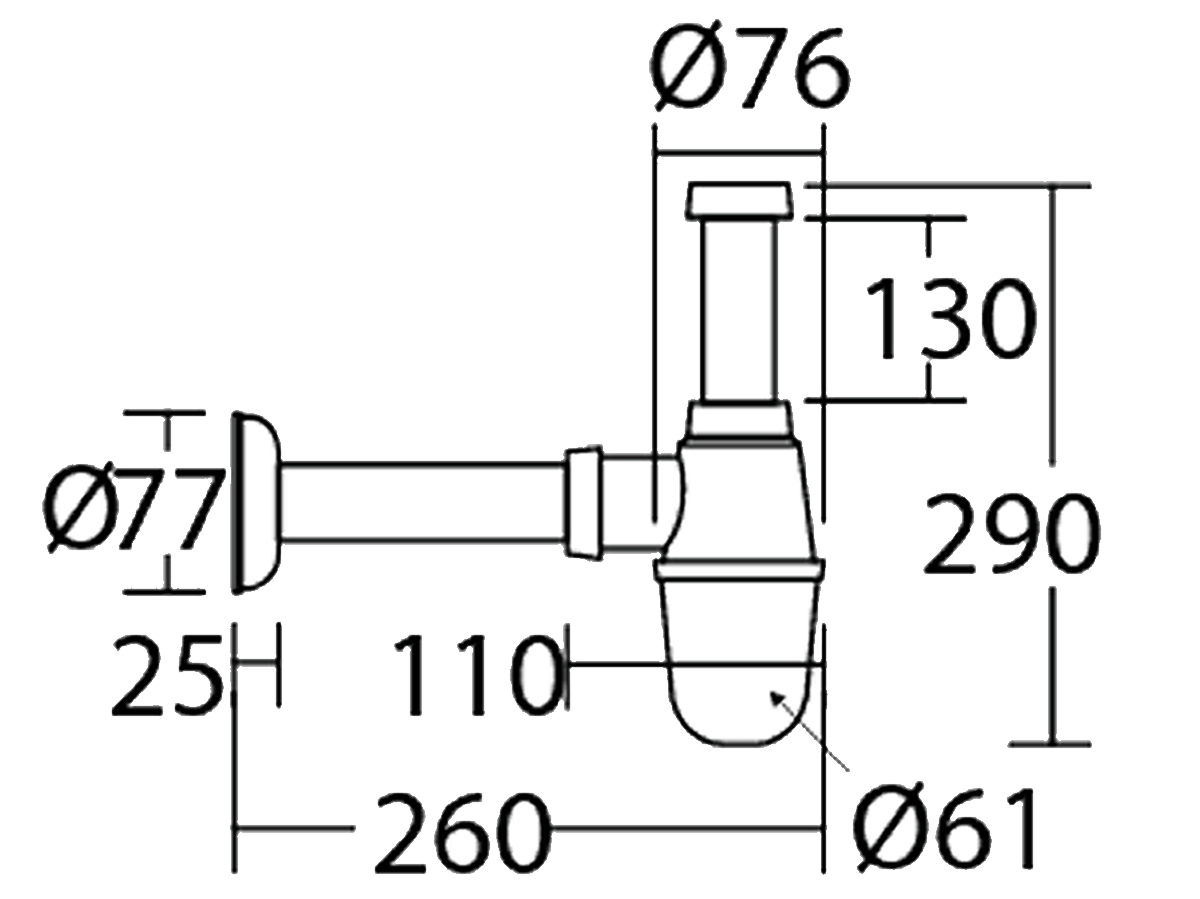 PBT43MM Bottle Trap C/W Waste, Plug And Chain Dimension