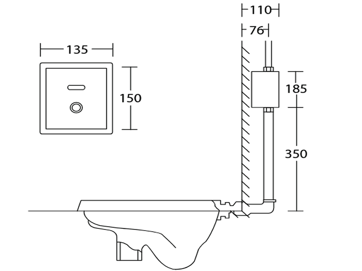 FV-0103 Sensor WC Flush Valve With Manual Over-Ride Button Dimension