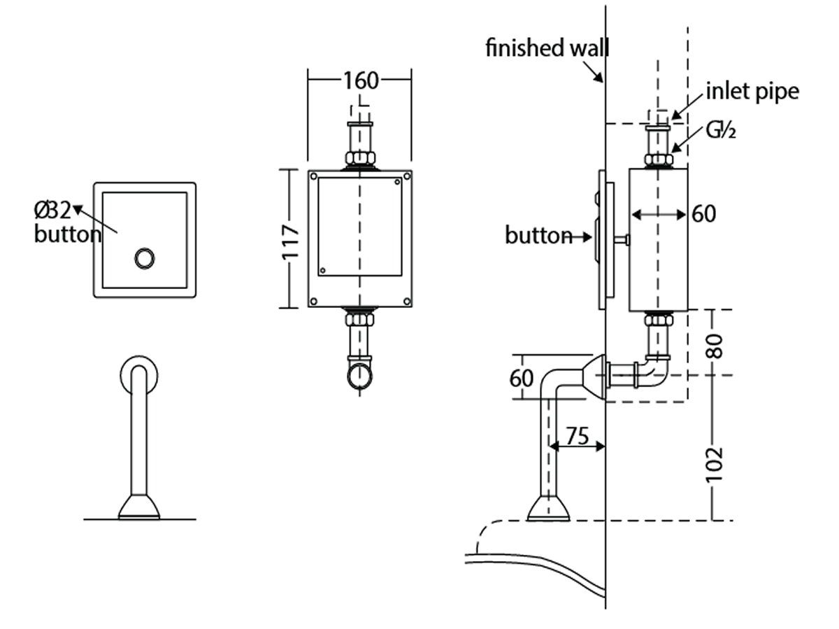 FV-2107 Concealed Box Type Urinal Flush Valve Dimension