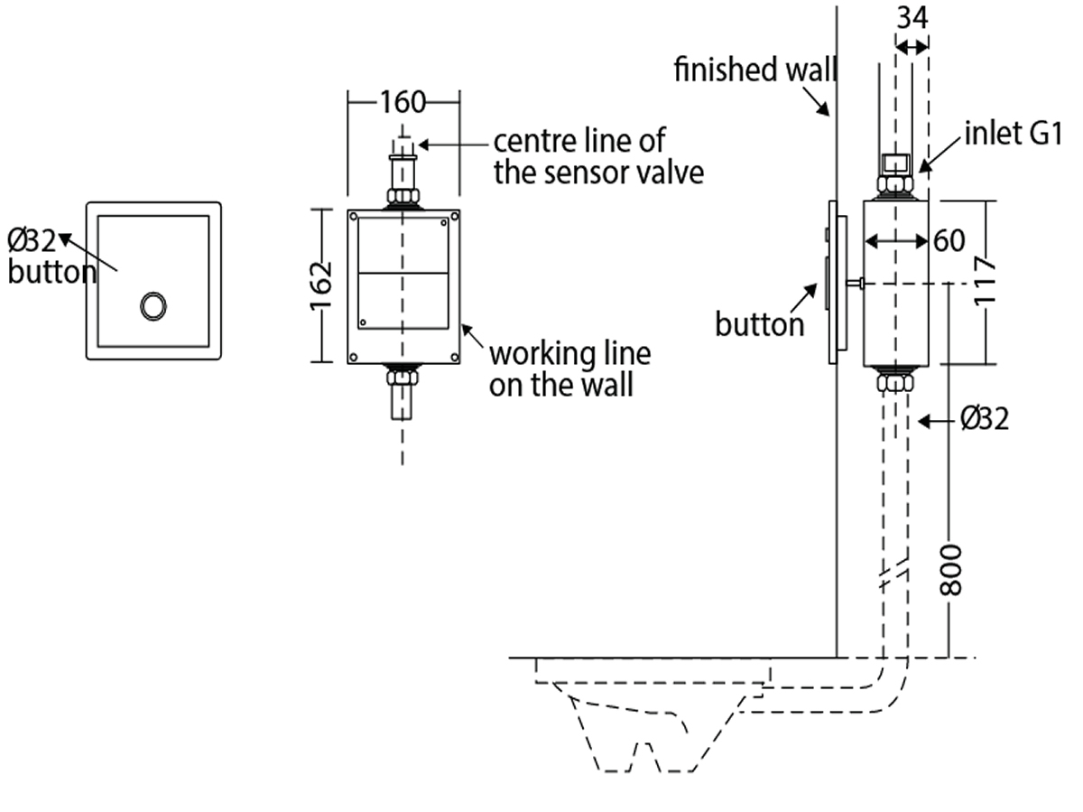 FV-2109 Concealed Box Type WC Flush Valve Dimension