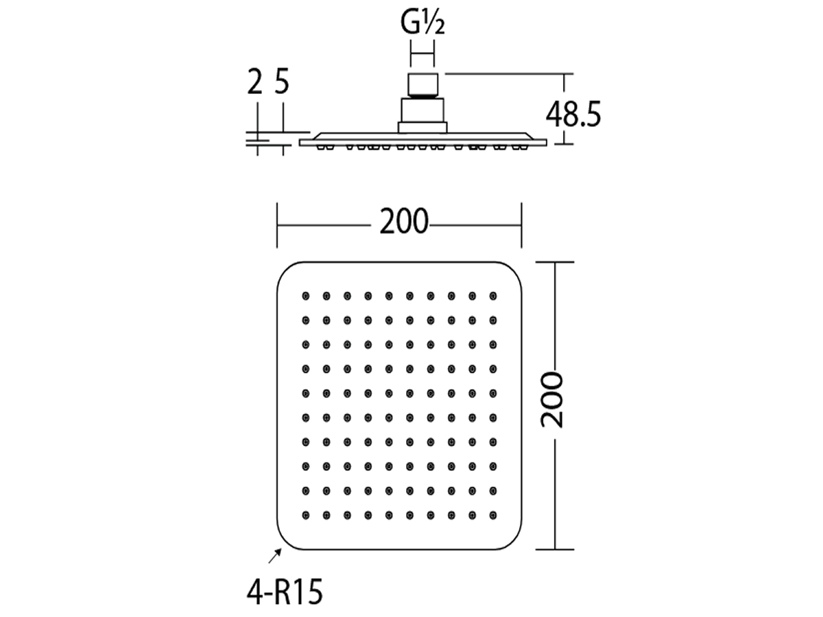RSH-7102-SS 8” Square Rain Shower Head Dimension