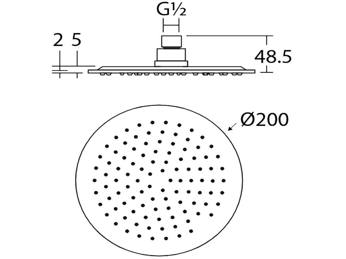 RSH-7105-SS 8” Round Rain Shower Head Dimension