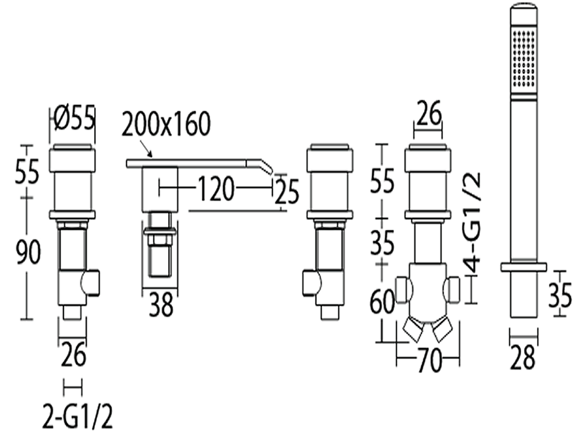 13755 5 Hole Bath Shower Mixer Dimension