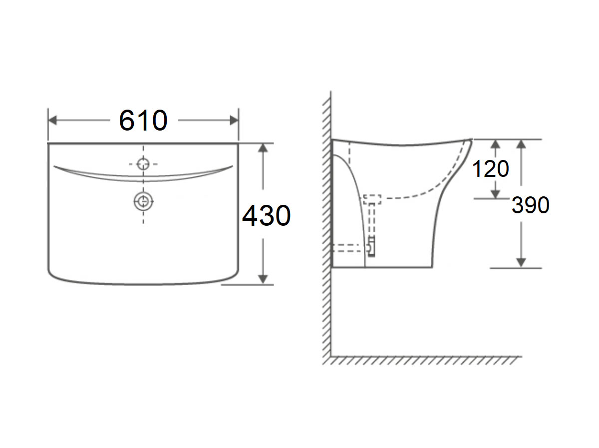 WB-813 Wall Hung Basin with Pedestal Dimension